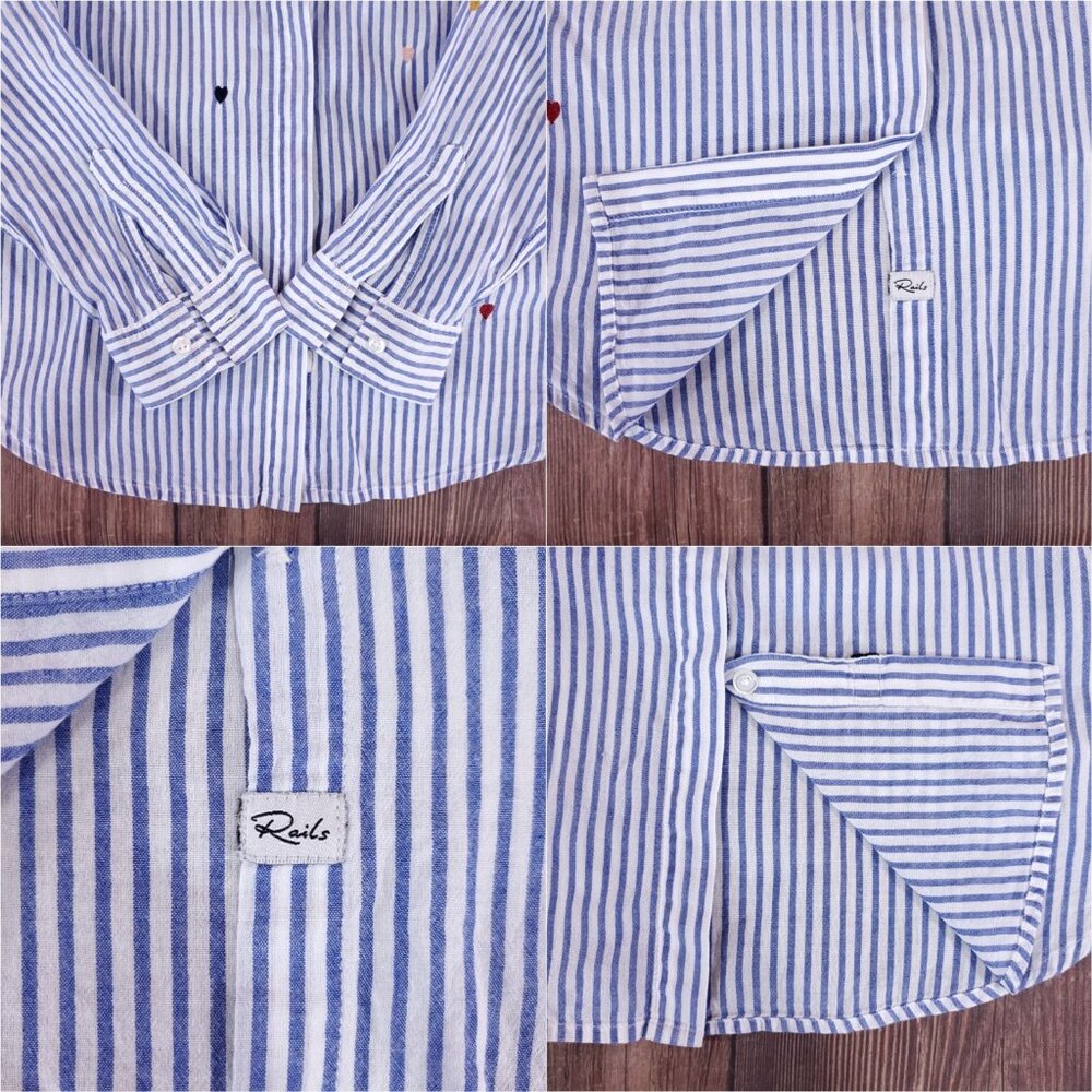 Rails Taylor Blue White Striped Shirt Womens Medium Rainbow Embroidered Hearts - Picture 11 of 15